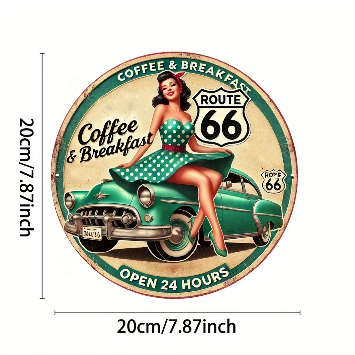 2D Flat Round Tin Sign 1pc 7.87x7.87 inch Route 66 Pinup Girl Coffee Breakfast Vintage Metal Wall Plaque Cafe Decor