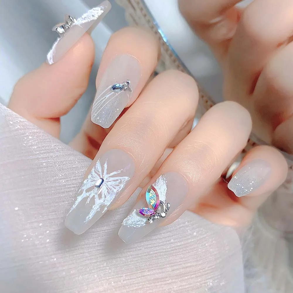 Colorful Elegant Butterfly Nail Decorations Light Luxury Style Nail Rhinestones Girls Tassel Double Chain Manicure Material