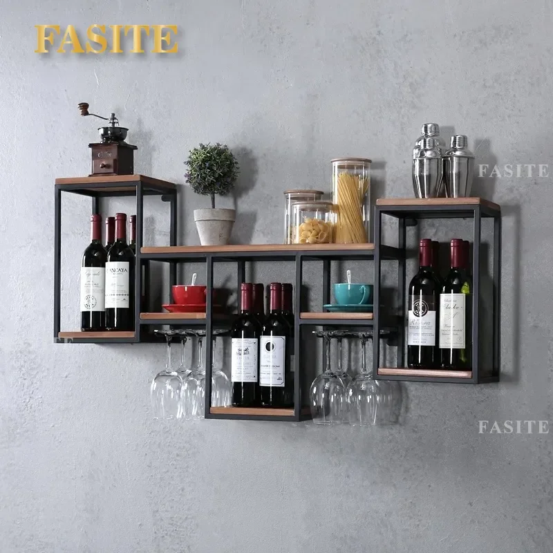 For Nordic Wrought Iron Solid Wood Wall Mounted Wine Rack Simple Lattice Storage Shelf for Wine Glasses Restaurant Home Decor