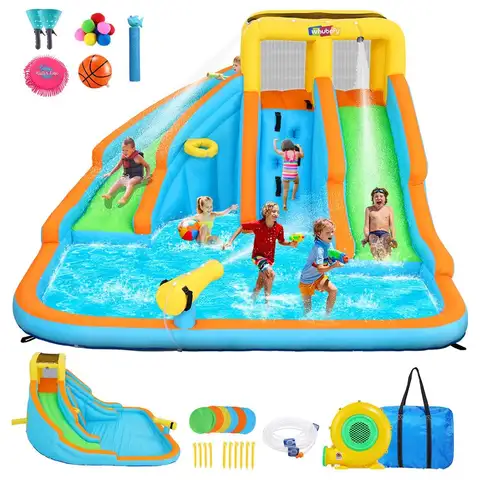 Inflatable Water Slide for Kids Backyard 11 in 1 Double Water Slides Bounce House with Blower, 5 Toys, Splash Pool,Climb Wall,