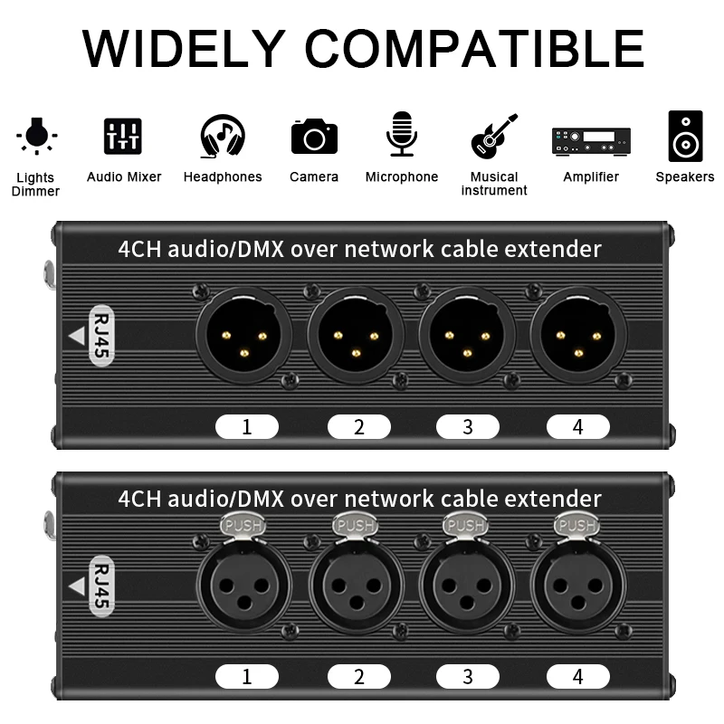 

NEW 1Pair RJ45 CAT5 to 4 Channel 3Pin XLR Audio/DMX over Network Cable Extender for Live Stage,Lighting,Audio Recording Studio