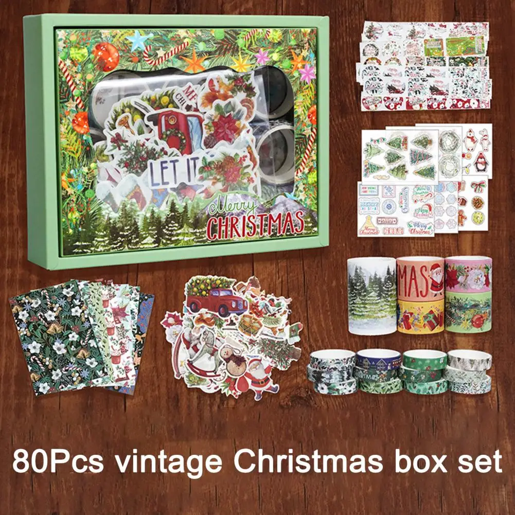 80Pcs Christmas Snowman Tree Pattern Cabin Scene Stickers PET Tapes Pre-Cut Holiday Scene Stickers Journaling Scrapbook Supplies