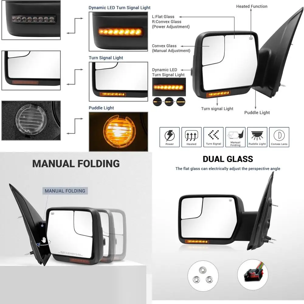 

Towing Mirror for Ford F150 - Replacement fit for 2004-2014 Ford F-150 Pickup Truck with Power Adjusted Glass Heated LED Turn Si