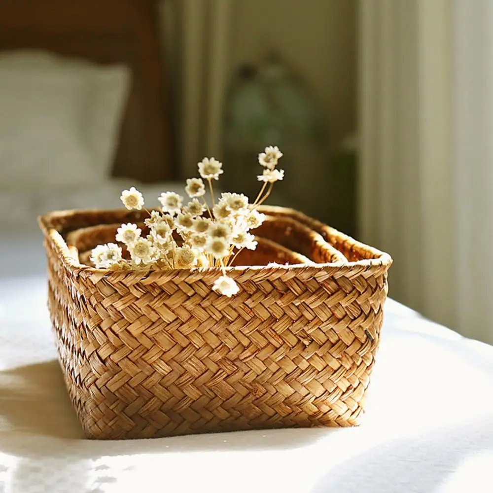 Straw Woven Flower Fruit Storage Baskets Desk Organizer Picnic Basket Fruit Storage Box Cosmetic Storage Container Rattan Box