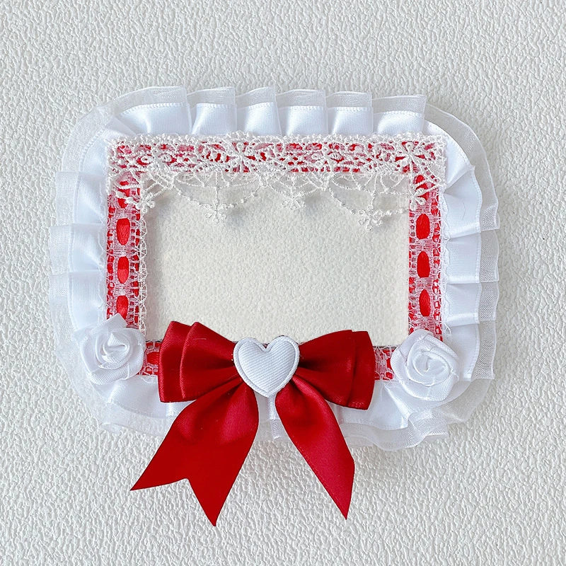 Handmade 3‑inch photocard holder, multi‑color, layered lace ruffle, satin big bow, heart ornament, fabric rose decor, sweet Lolita style, for polaroid, idol collectible & anime cards view 5