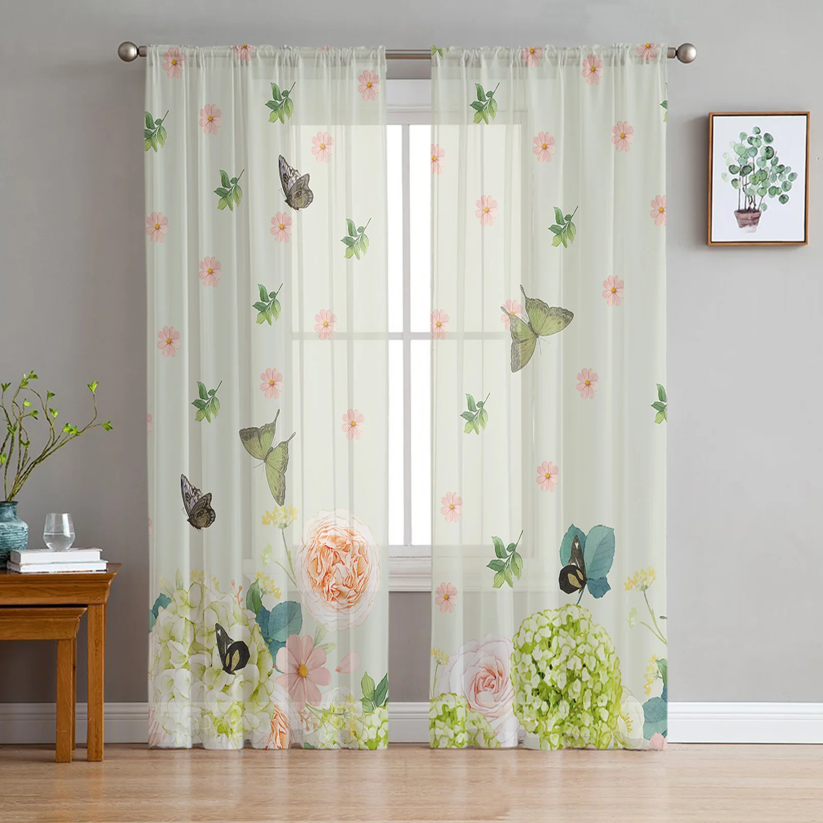 

Plants Flowers Butterflies Green Tulle Curtains For Living Room Kitchen Decoration Chiffon Window Treatments Voile Sheer Curtain