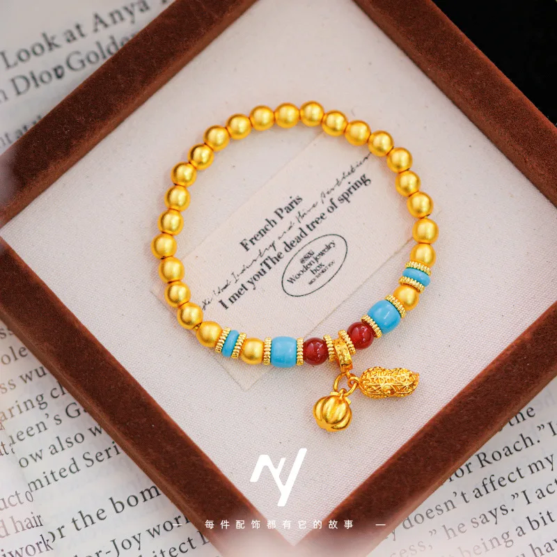 

New Chinese style niche design with national style 9999 24K Real Gold peanut persimmon ancient gold bracelet for girlfriend