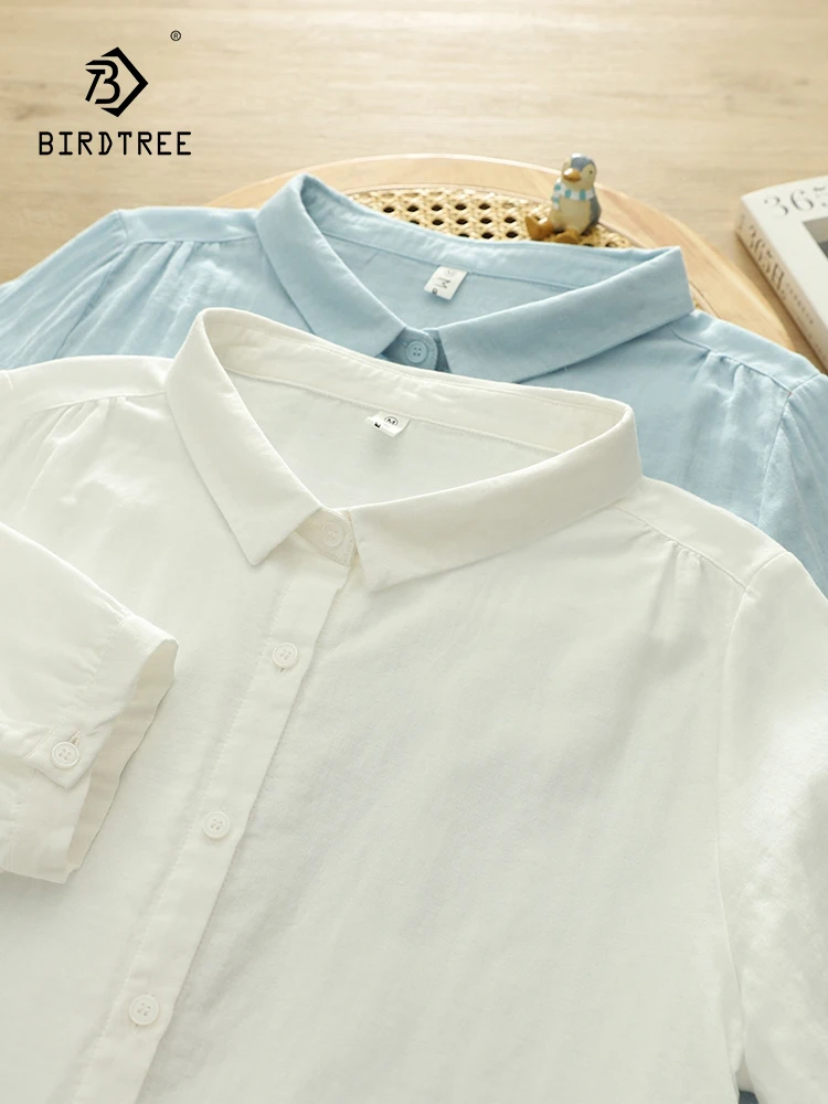 

New 2025 Summer Cotton Yarn Half Sleeve Shirt, Women Turn-down Collar Solid, Mori Girl Soft OL Versatile Loose Blouse T54611CC