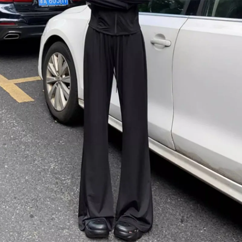 Ice Silk Pants for Women Summer Casual Thin Cool Micro Flared Trousers Female Korean Style High Waist Solid Color Long Pants