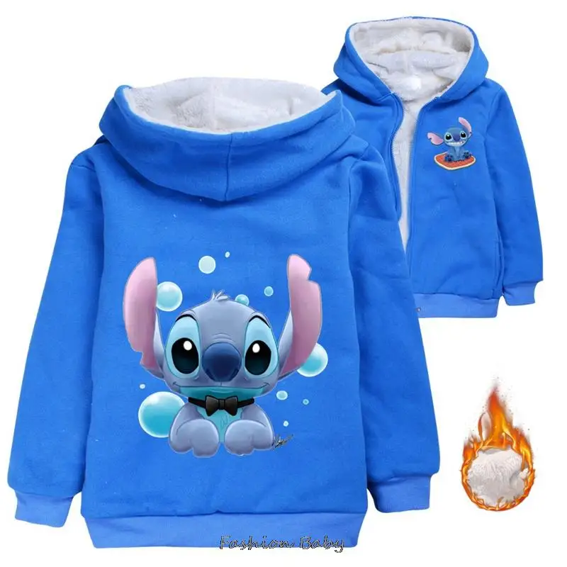 Disney Stitch New Children Coat Baby Hoodies Collar Thicken Warm Jacket Girls Cartoon Overcoat Winter Kids Girls Casual Outwear