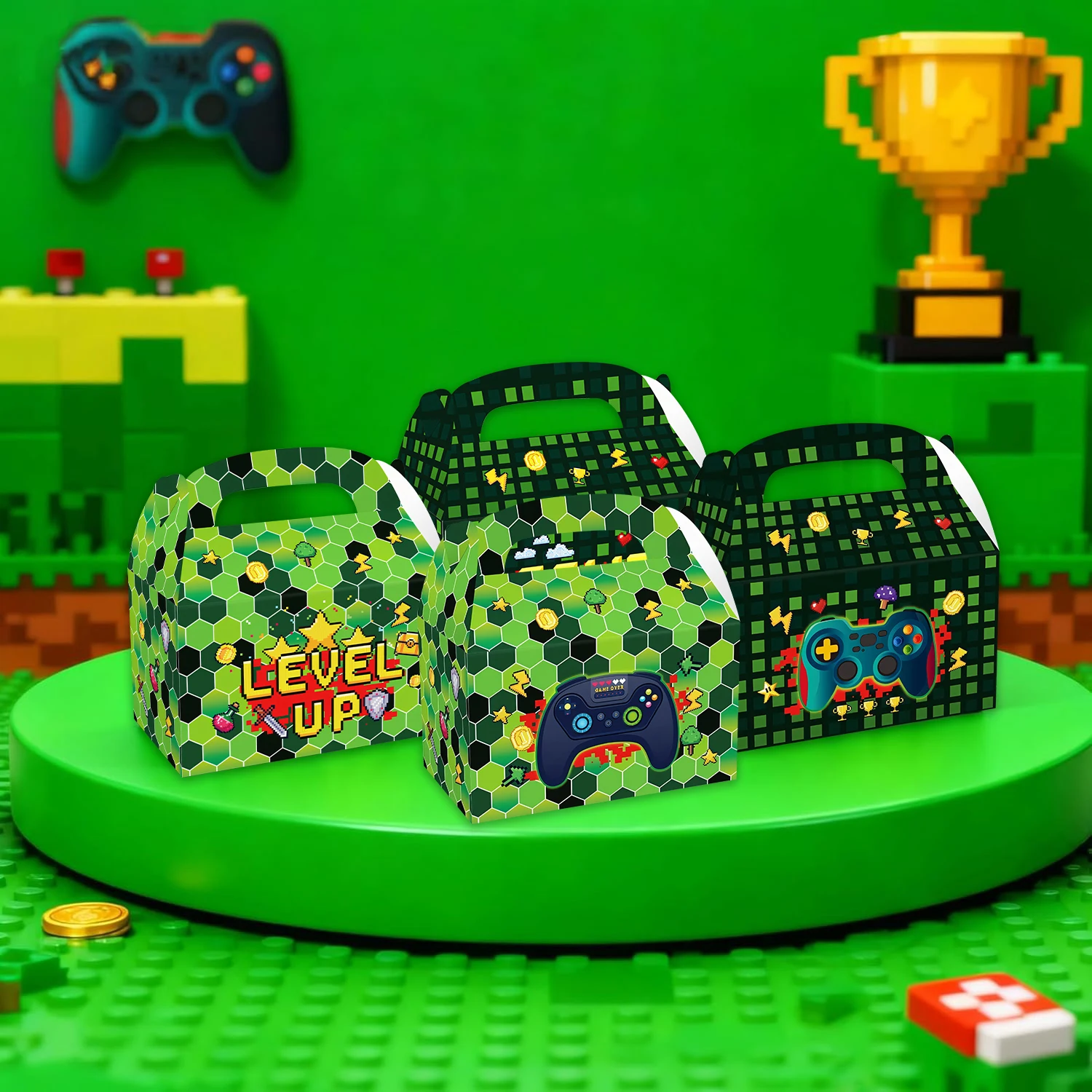 Green Pixel Theme Game Controller Level up Candy Gift Box Portable Handheld Box Game Theme Birthday Party Supplies Favor