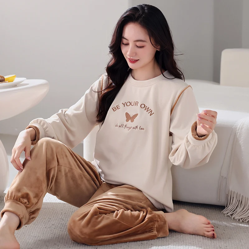 High Quality Winter Women Pajama Set Warm Flannel Sleepwear Female Casual Long Sleeve Nightwear