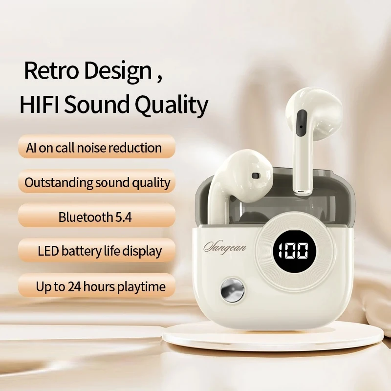 Retro Style TWS Wireless Earbuds Bluetooth 5.4 AI Call Noise Reduction 65ms Low Latency LED Digital Power Display HiFi Earphones