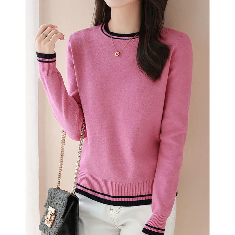 New Fashion Color Block Ice Silk Round Neck Versatile Loose Fit Slim Reducing Age Women's Casual Knitted Long Sleeve Sweater