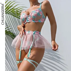 CHUANGERM-lencería Sexy transparente para mujer, ropa interior porno, cuerpo íntimo, encaje Floral, conjunto de liguero de lujo, Push Up