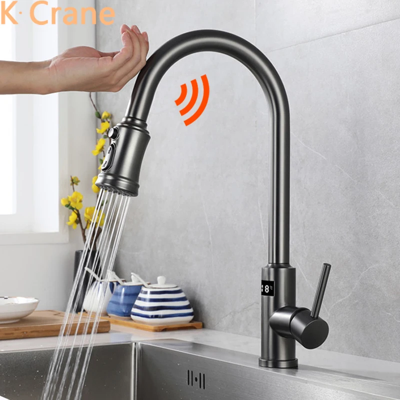 

Touch Digital Faucet Kitchen Sink Hot Cold Mixer Crane Deck Mount Pull Down Copper Tap 360 Degree Rotation Stream LED Faucets