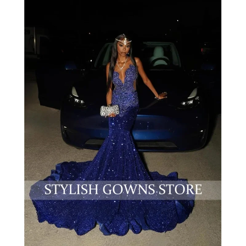 Luxe schat blauwe diamant galajurk sprankelende kralen set pailletten zwarte meisjes beroemdheidsjurk avondjurken op maat