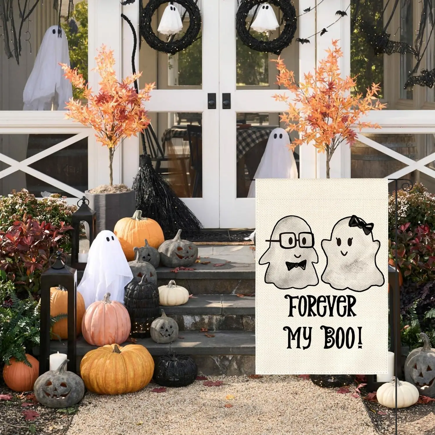 AVOIN colorlife Forever My Boo Halloween Garden Flag 12x18 Inch Double Sided Outside, a Pair of Ghosts Yard Outdoor Decorative F