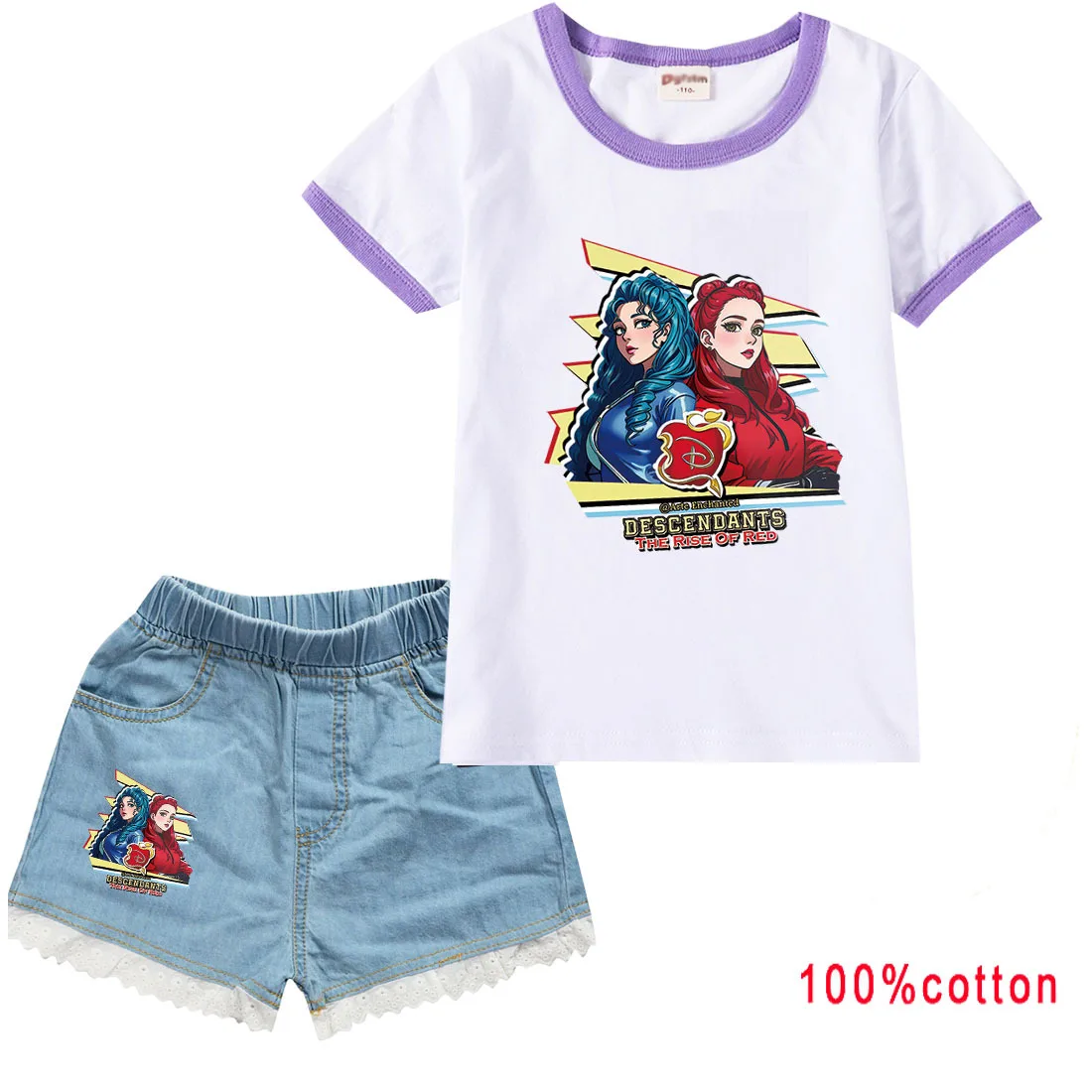 Movie Descendants 4 Children's Sets Kids Clothing Girls Summer Short Sleeve Tshirt and Denim Shorts Casual Birthday Party Outfit