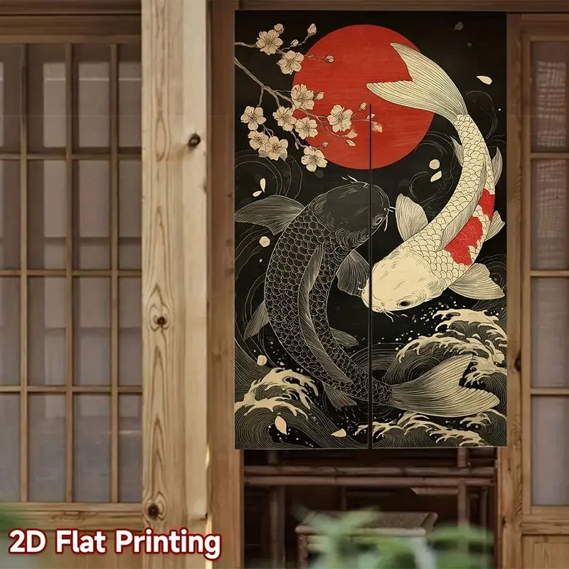 VIKAMA Noren Door Curtain Japanese Yin Yang Koi Sakura Wave Printed Partition Curtain Kitchen Bedroom Entrance Home Hanging Deco
