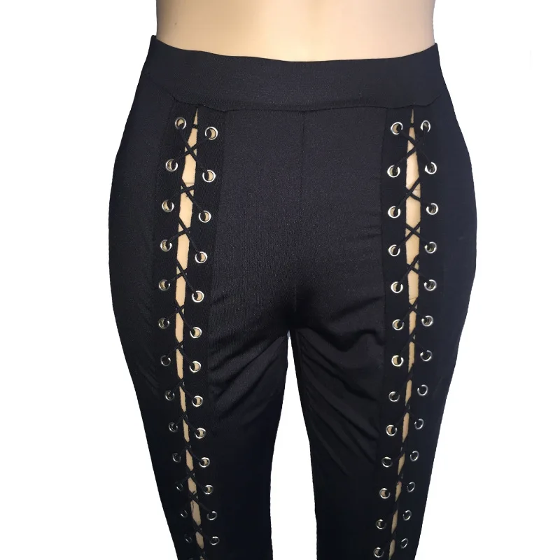 Frauen Schwarz Leggings Sexy Umreifung Strang Leer Seil Slim Fit Außen Tragen Hosen Mit Löcher Vorderes Lila Rot Große Größe vier – Detail 8