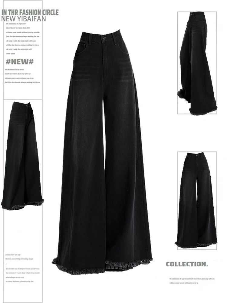 

Женские джинсы больших размеров с широкими штанинами и рваными краями, с высокой талией, винтажные, повседневные, расклешенные брюки-клеш