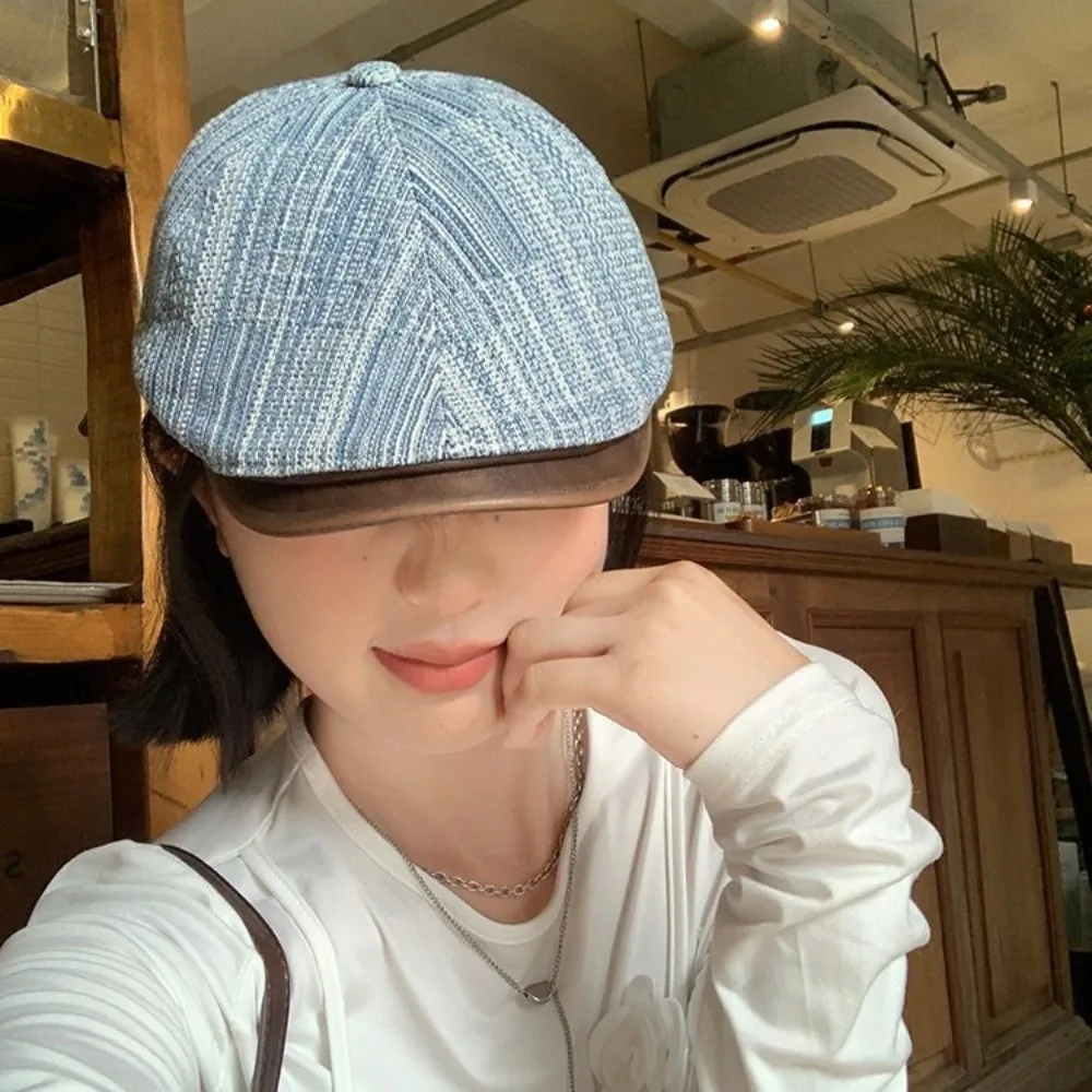 

Vintage Retro Denim Beret Flat Brim Y2k Cowboy Beret Versatile Artist Painter Cap Streetwear