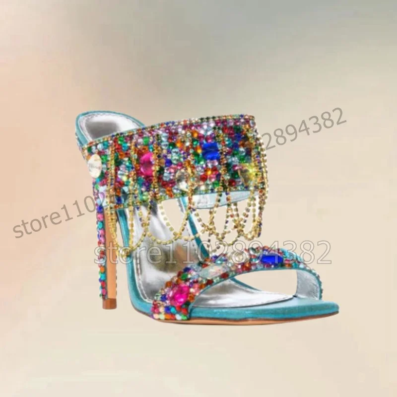 Colorful Jewel Crystal Chain Decor Open Toe Slippers Slip On Women Shoes Thin High Heels Fashion Party 2023 Zapatos Para Mujere