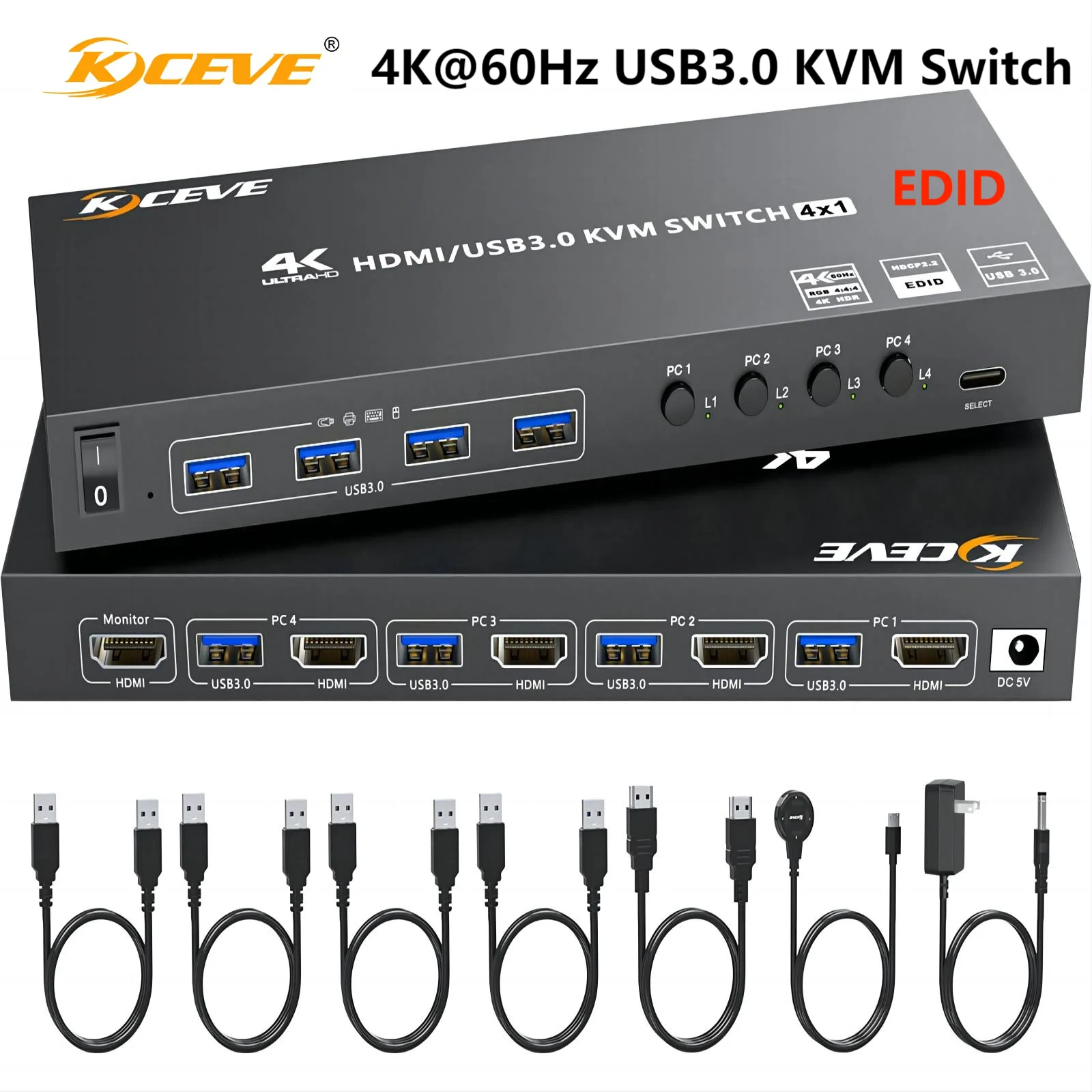 

HDMI KVM Switch 4 Computers 4K@60Hz Simulation EDID 4 Port USB3.0 KVM Switches for 4 PC Share 1 Monitor Keyboard Mouse Printer