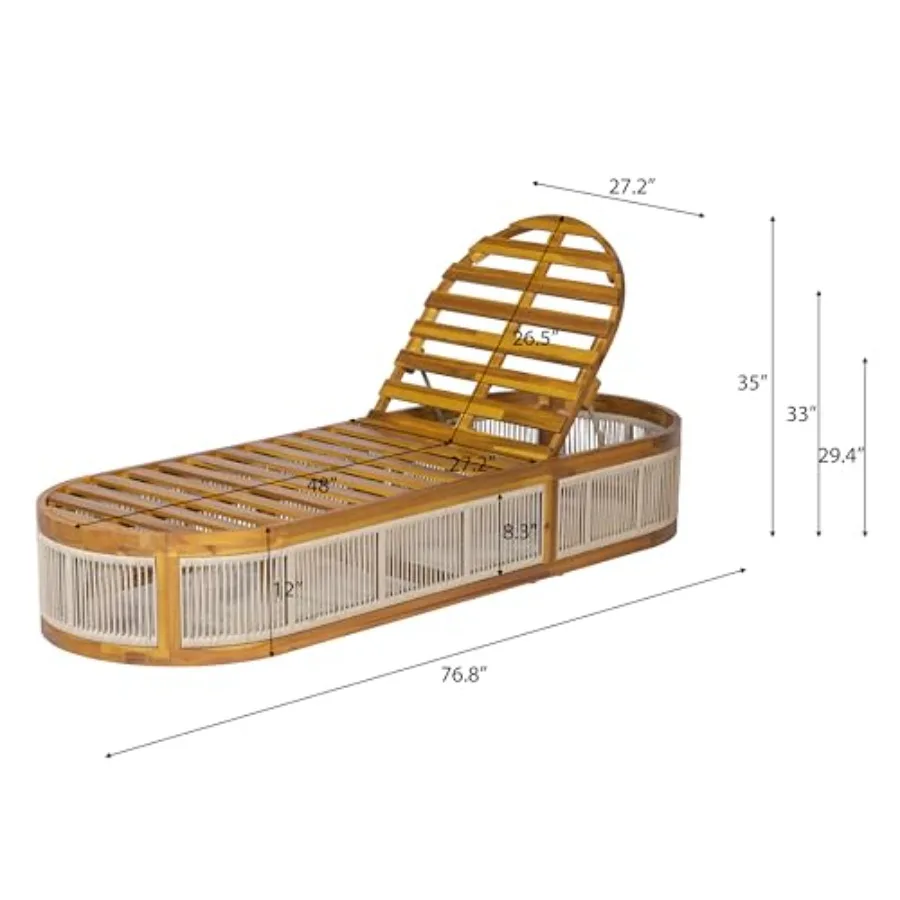 Outdoor chaise lounge chair for poolside use, acacia wood frame with rope accent, slatted design, 3-position adjustable backres