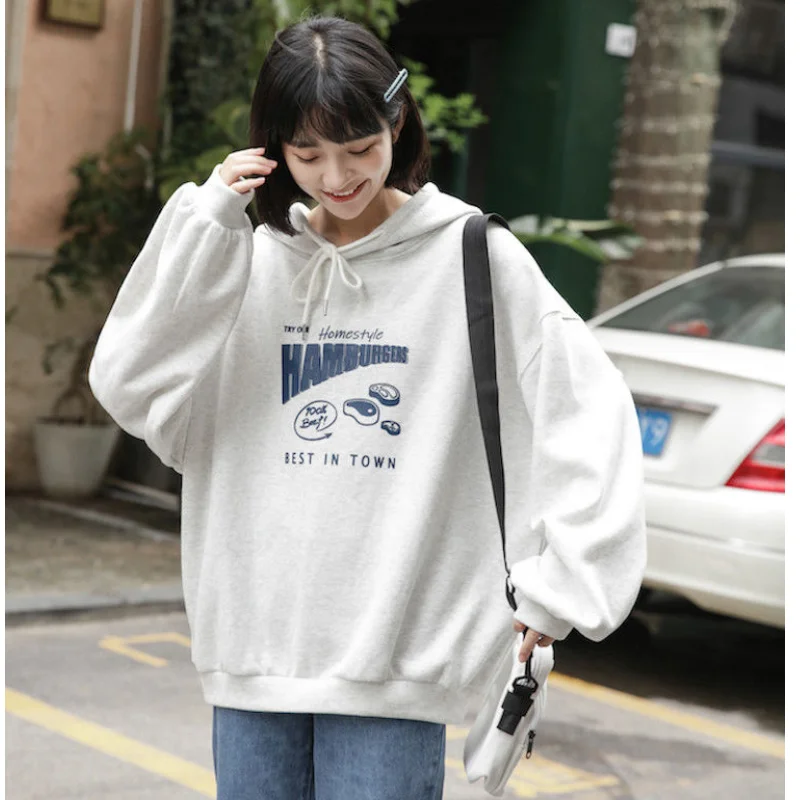

Women' Clothing Korean Fashion Baggy White Grey Pullover Sweatshirt Letter Print Raglan Sleeves Long Sleeves Hoodie 2023 Autumn