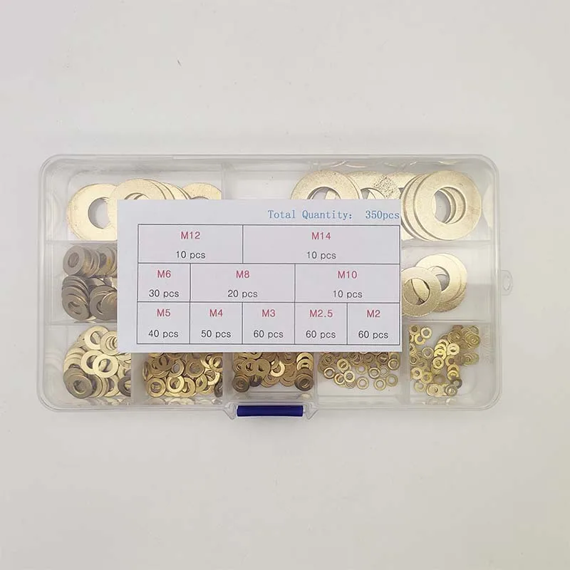 350pcs Brass Flat Washers Kit 2mm To 14mm Assorted Sizes Metal O For Ring Gasket Set For Hardware Fastening Repair Projects