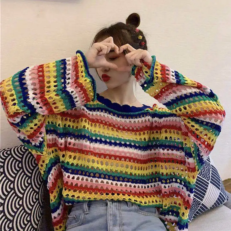 Summer Loose Thin Smock Top Rainbow Striped Sweater 2023 New Long Sleeve Sun Protection Clothes for Women