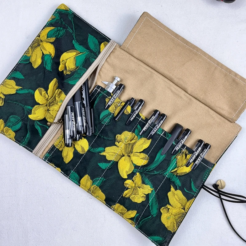 

Retro Oil Painting Gray Flower Cloth Pen Curtain Large Capacity Pen Bag Stationery Storage Bag Pen Bag Portable Rolling Curtain