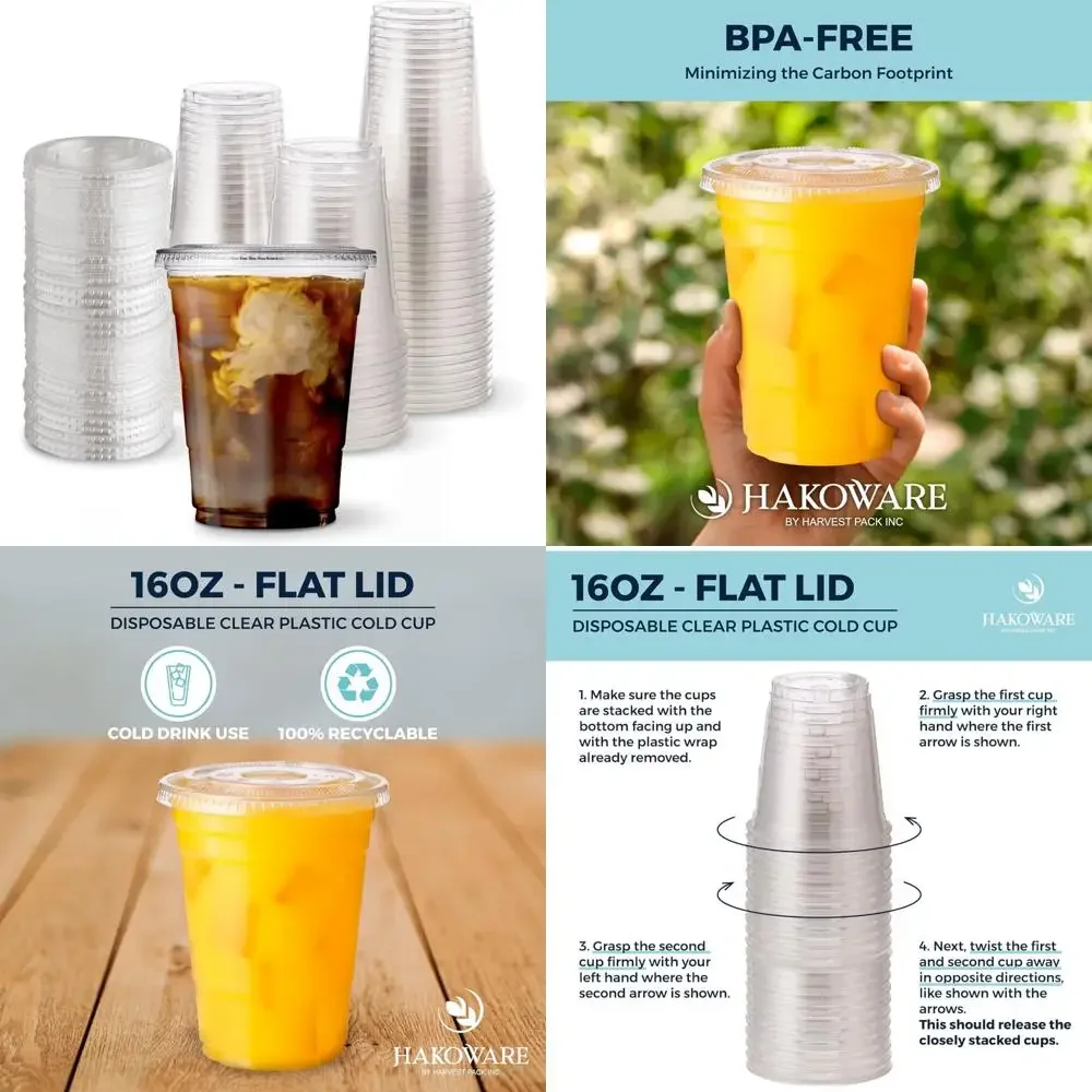

Ultra Clear 16 oz Plastic Cold Cups with Flat Lids - Disposable Wedding Party Drinking Cups for Tumblers