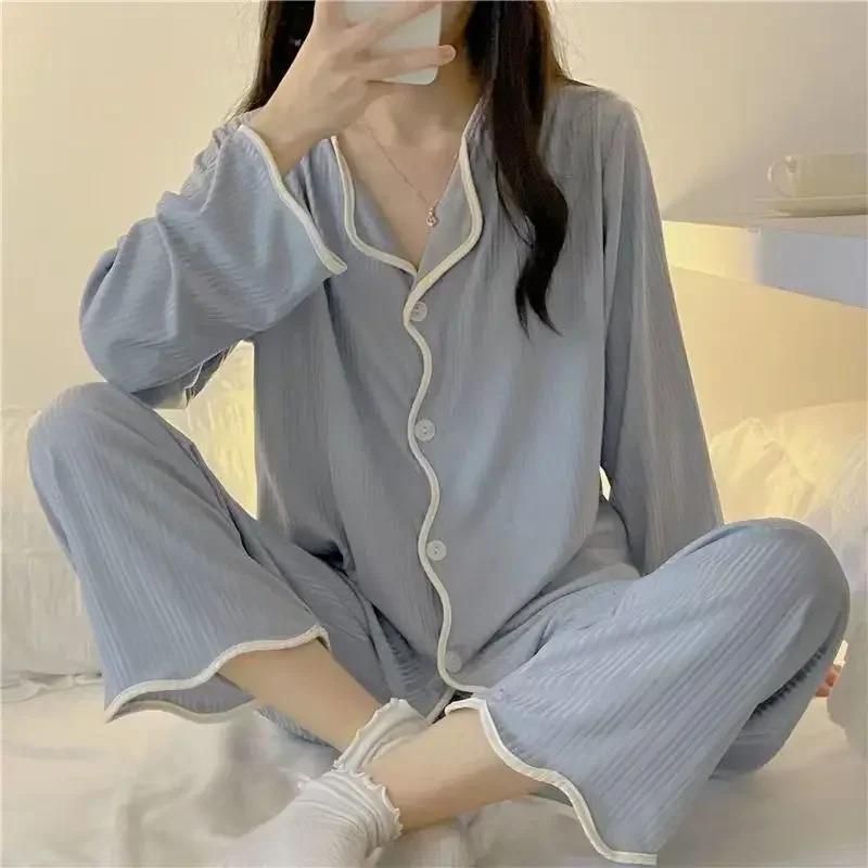 Spring and Autumn Long Sleeve Pants Pajamas Loungewear Set Women's Simple Pull Edge Loose Girl Student Loungewear Loose Suit