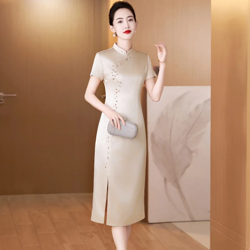 Yourqipao Summer Modified Cheongsam Elegant Fashion Mother Skirt Chinese Evening Dress Ladylike Slim Outfit for Women Party