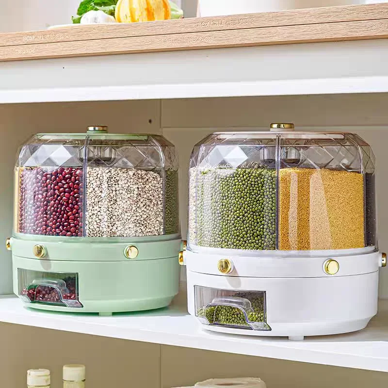 New 6 Part Kitchen Storage Box 360 Degree Rotate Rice Sealed Dry Cereal Grain Bucket Dispenser Moisture-proof Food Container