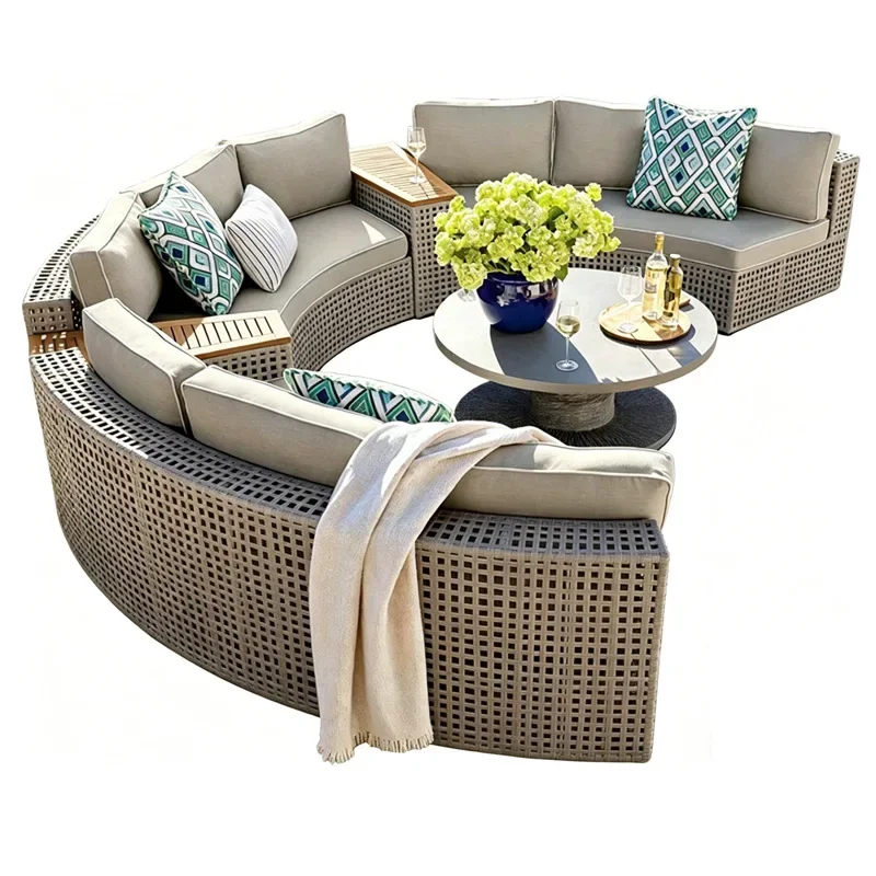 Outdoor villa terrace round rattan sofa chair, waterproof sunscreen courtyard garden furniture, hotel reception rattan sofa