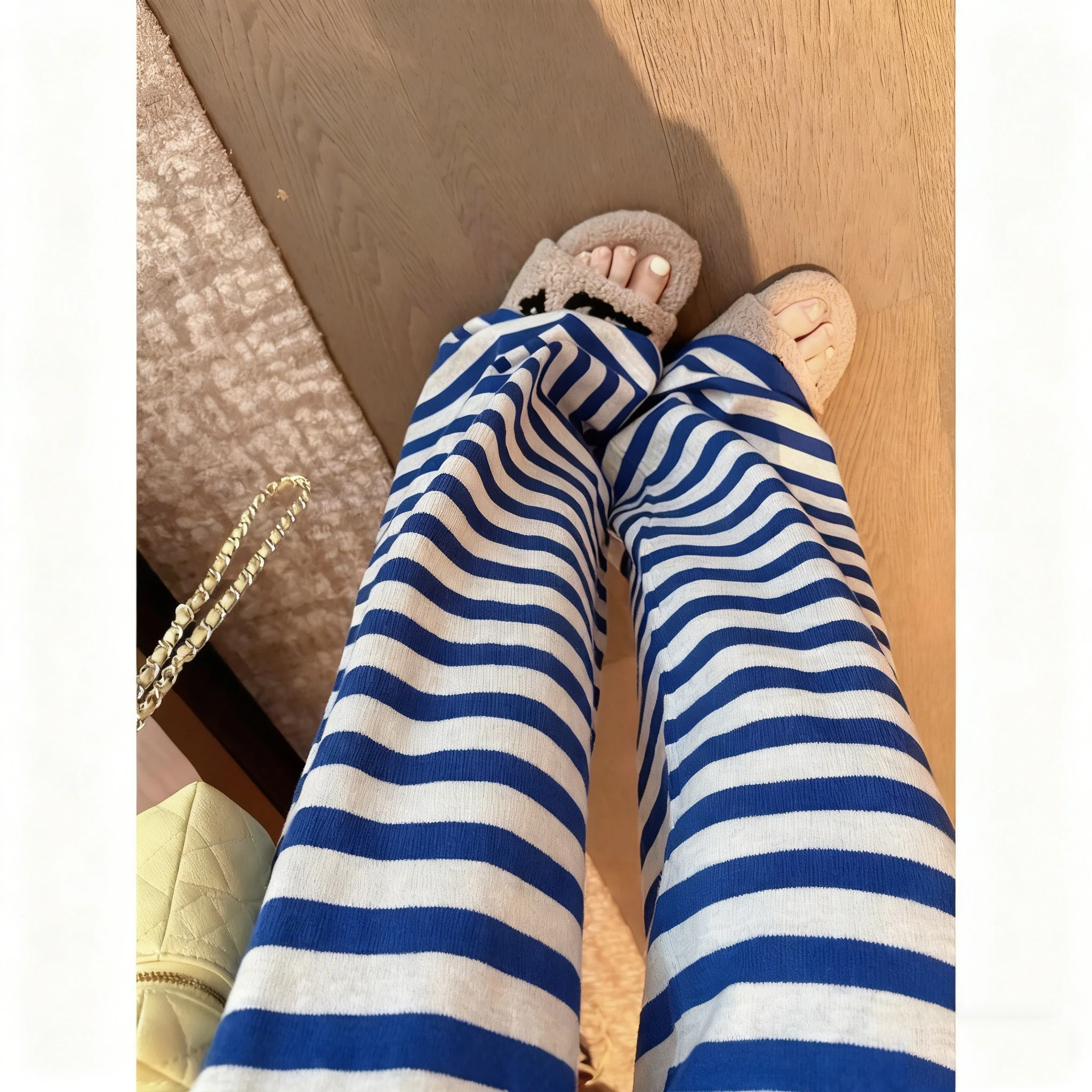 レディース トレンディ ブルー＆ホワイト ワイドストライプ ニットパンツ - ルーズフィット ハイウエスト ワイドレッグ トラウザーズ、快適なカジュアルパンツ 秋冬