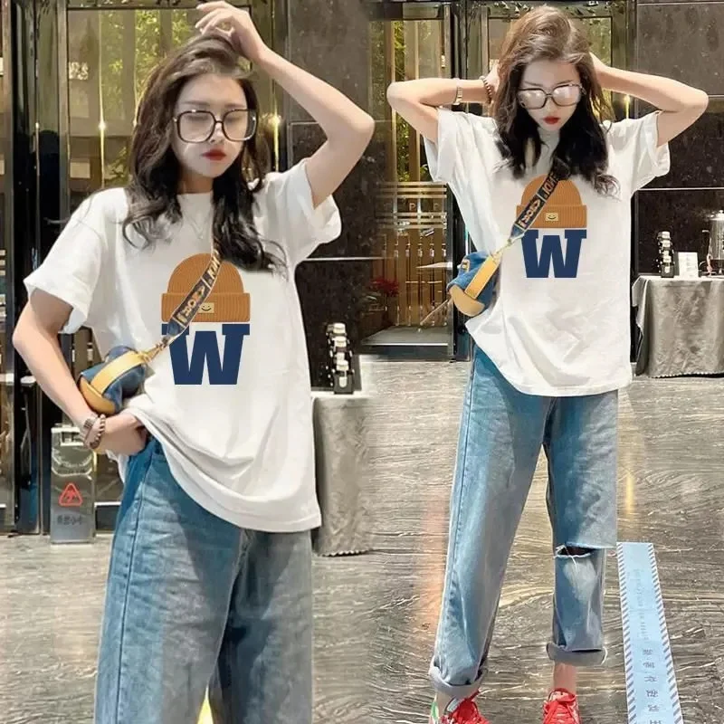 

plus Size 300 Pou Fat MM Hat Letter Print round Ne ort Sve T-irt Women Summer Loose Casual Versatile Top