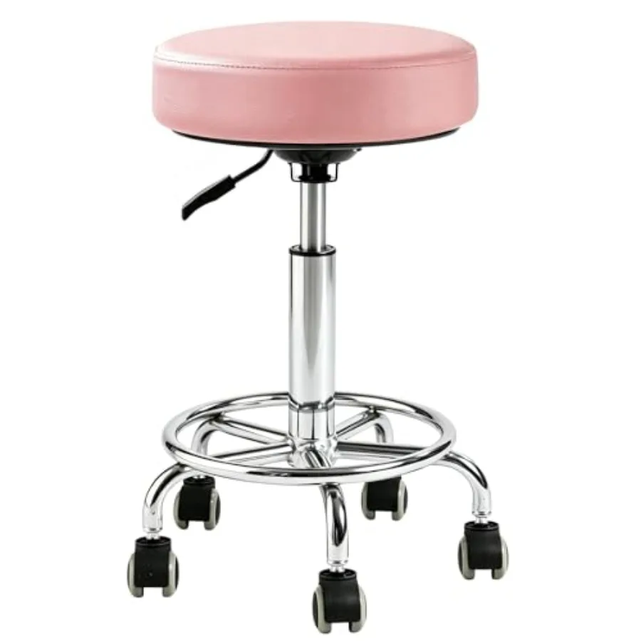 

Adjustable Rolling Stool with Wheels Heavy Duty Round RollingStool with Footrest, Patent Leather Drafting Stool Chair with Whee