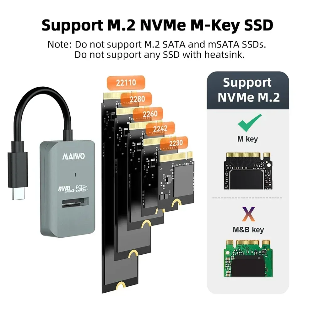 MAIWO 10Gbps M.2 NVME SSD 인클로저 케이스 Type-C M2 PCIE NVME SSD 어댑터 도구 없음 지원2230/42/60/80/22110 M-키 SSD