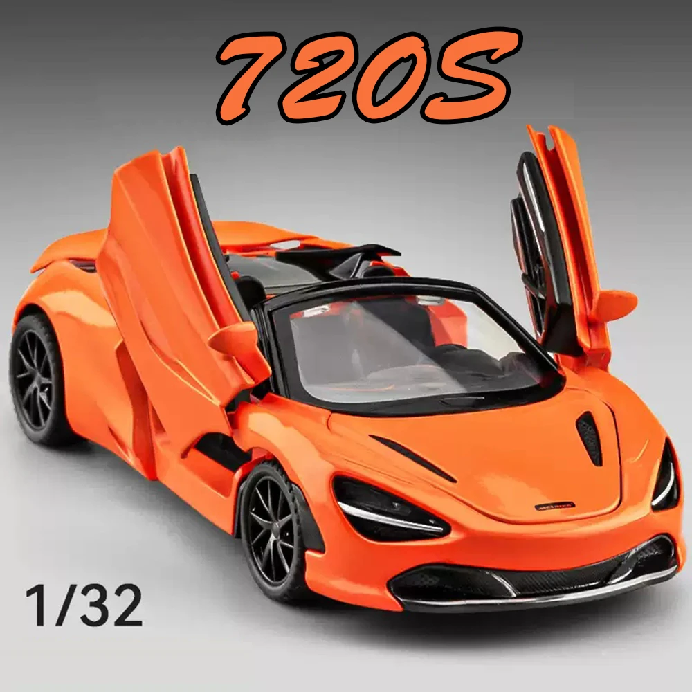 Model Superauta 720S ze Stopu w Skali 1:32, Odlewany, Otwierane Drzwi, Dźwięk, Światło, Napęd Pull-Back, Miniaturowe Pojazdy, Idealny na Prezent dla Przyjaciela na Święta