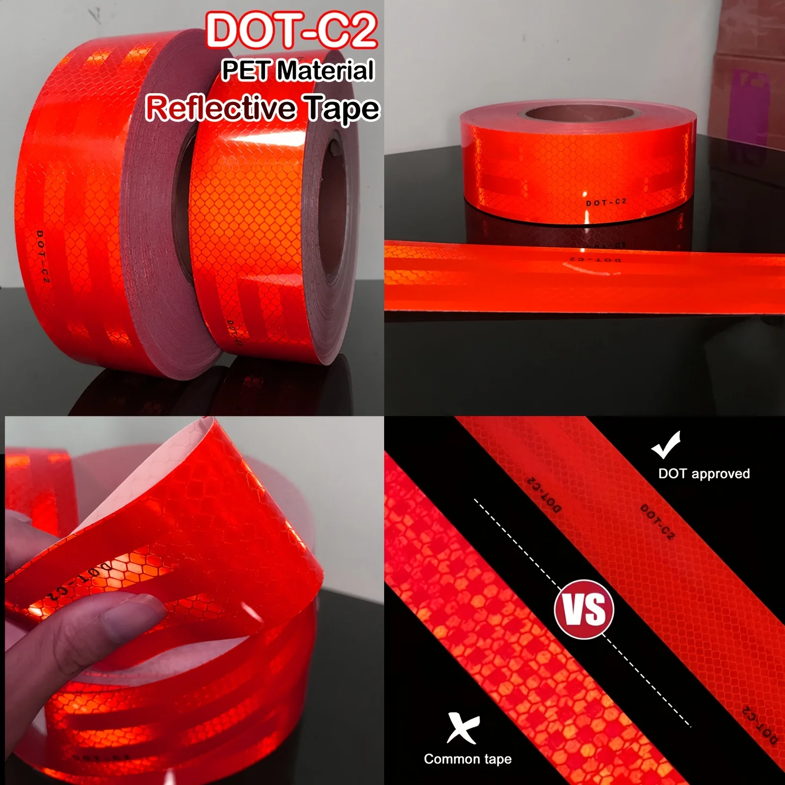 Fita Refletiva de Advertência Vermelha Dot-c2 5cmx2.05/5.05/10.05M Adesivo Impermeável para Carros, Caminhões, Bicicletas, Motocicletas e Capacetes