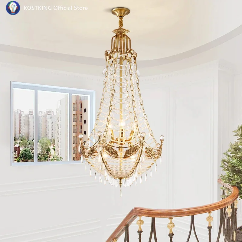 Hotel Decorative Lighting French Copper Crystal Hanging Pendant Lamp Luxury High Ceiling Design Brass Chandelier