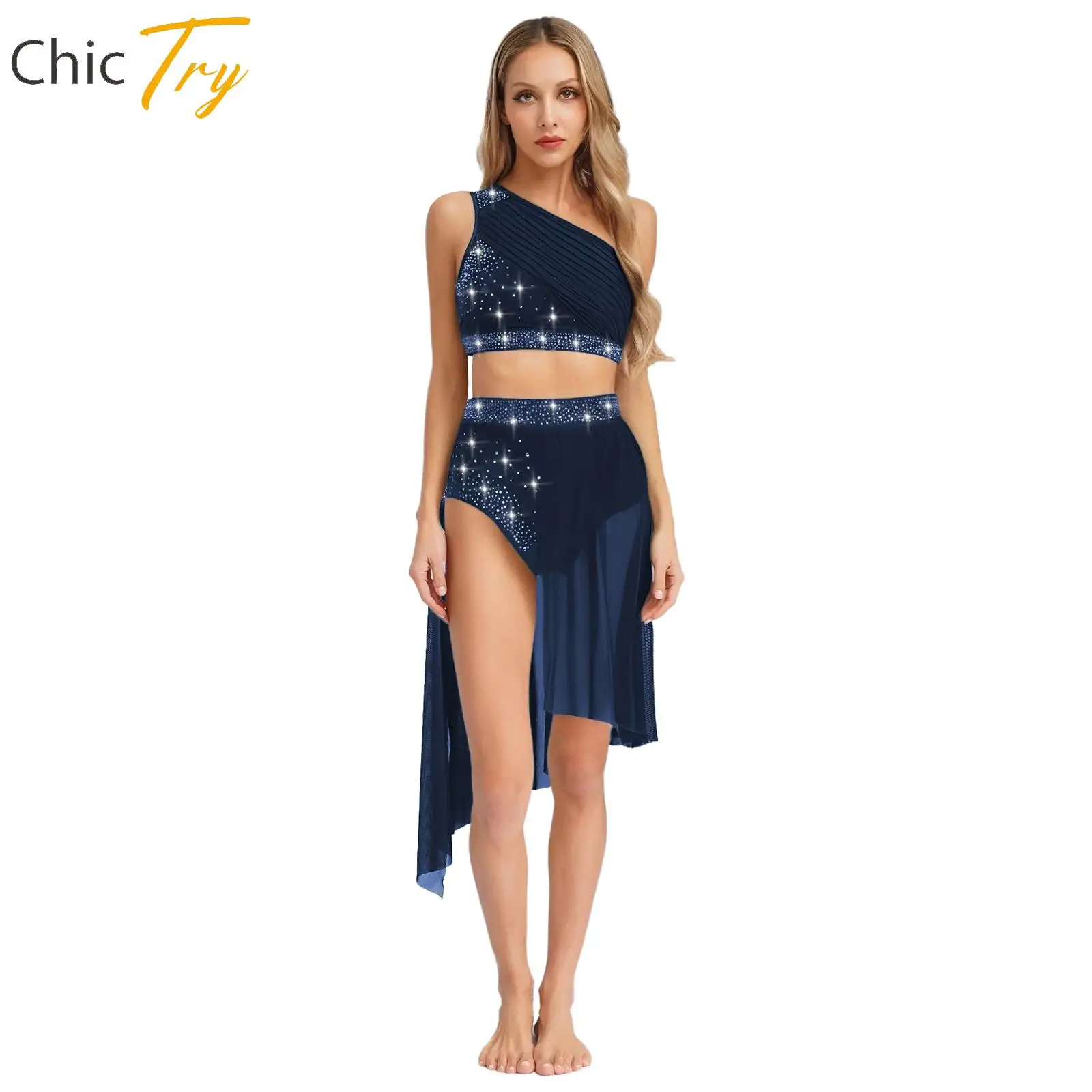 

Womens Jazz Cha-cha Dance Costume Set Sleeveless Rhinestones Crop Top+Mesh Skirt for Figure Skating Lyrical Modern Performace