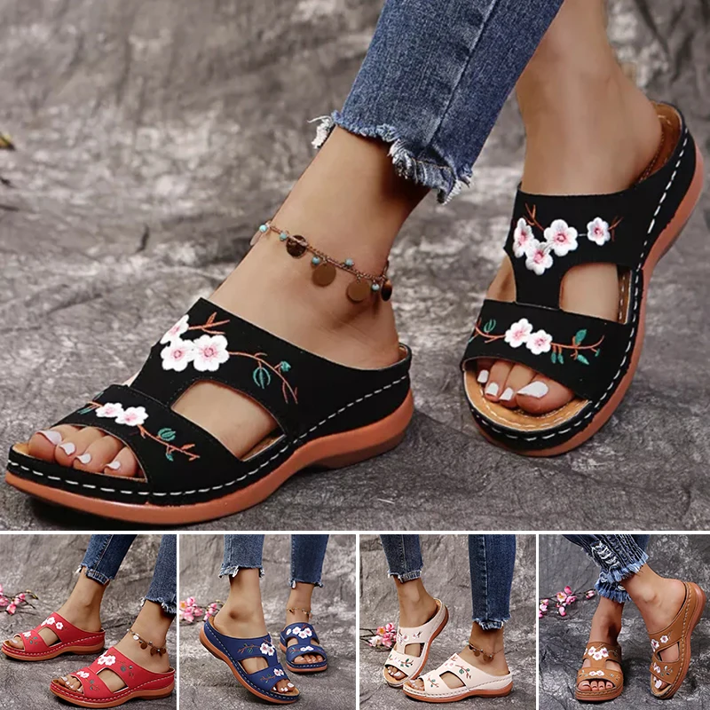 Women Embroidery Slide Sandals without Grinding Feet Breathable Slippers Suitable for Camping Indoor Walking