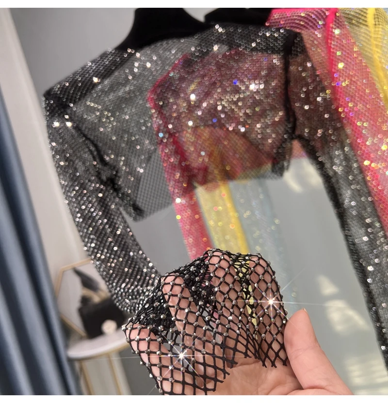 2023 Fashion New Sexy Crystal Short T-shirt Versatile Mesh Canvas Shiny Long Sleeve Top Party Time Wear Club Women\'s