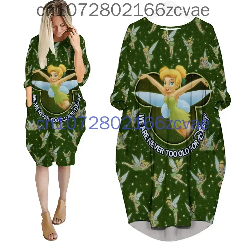 New Tinker Bell Women\'s Batwing Pocket Dress Disney 3D Printed Oversize Fashion Street Girls Pullover Long sleeved Dress